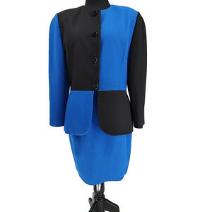 E.R. Gerard Woman Vintage USA Blue Black Suit Jacket Pencil Skirt Size 14 Lined